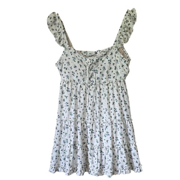 Womens Sz L Blue Floral Ruffle Milkmaid Babydoll Y2K Fairy Flowy Open Back Dress - Picture 1 of 12